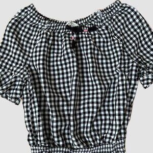 H&M BLACK & WHITE CHECKERED PEASANT STYLE PULLOVER BLOUSE GIRLS SIZE 12-13